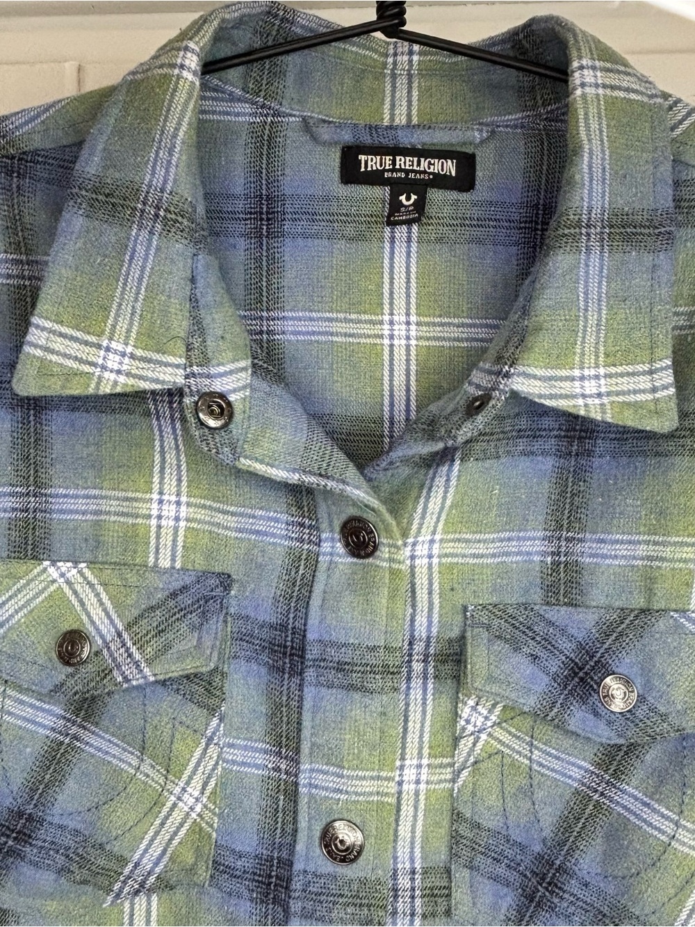 True Religion Plaid Flannel Shirt Horseshoe Logo Rhinestone Back Small - Picture 4 of 14
